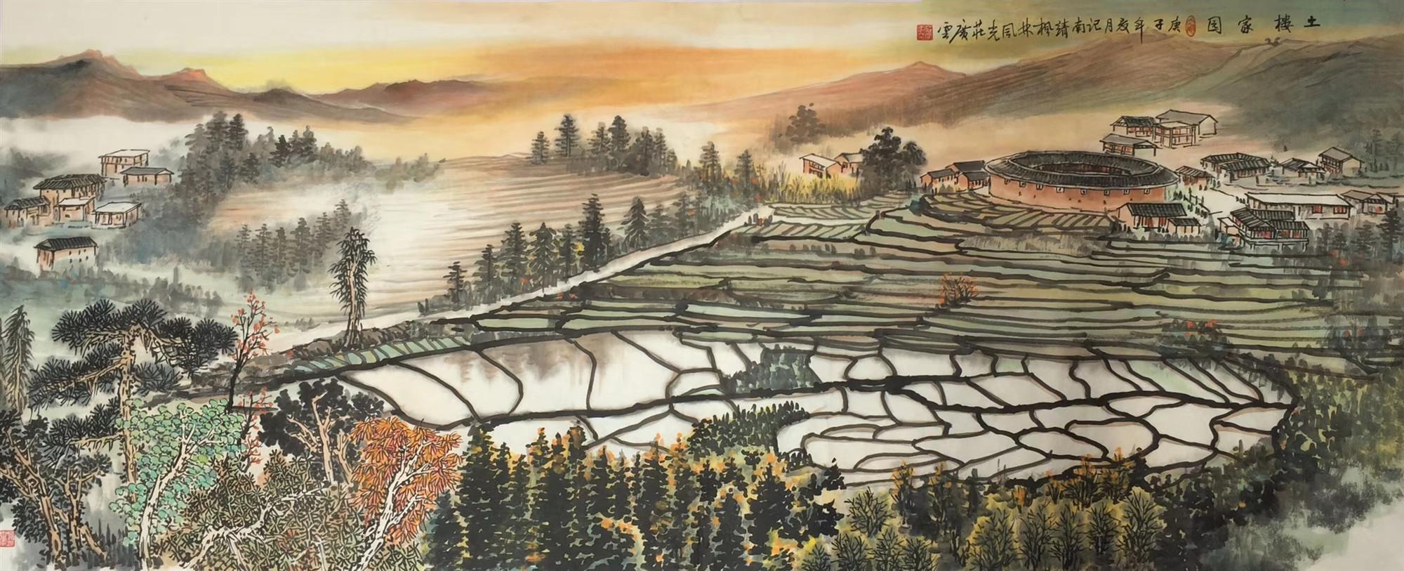 庄广云国画作品 《土楼家园》▲ 庄广云国画作