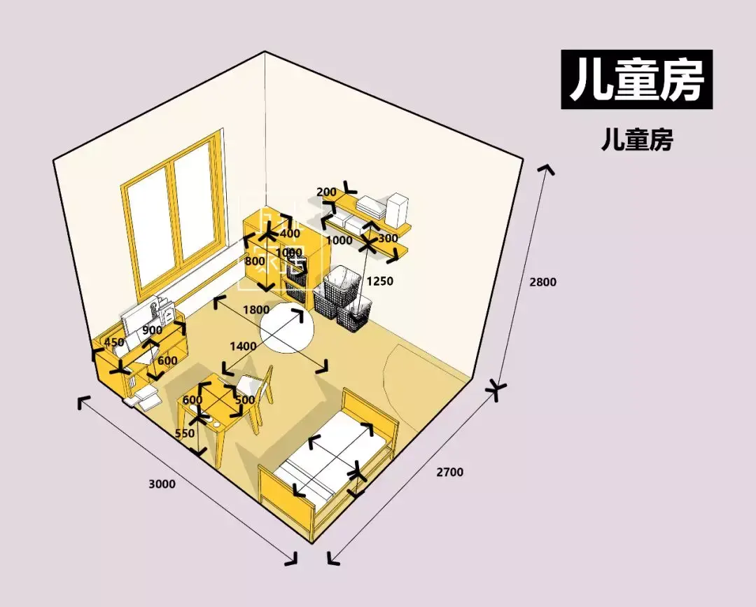 在儿童房中布置一些符合孩子身体尺寸小号家具,让他们可以自己读书