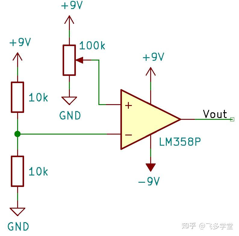 在运放的反相输入引脚,我们通过一个简单的电阻分压器输入一个 4.
