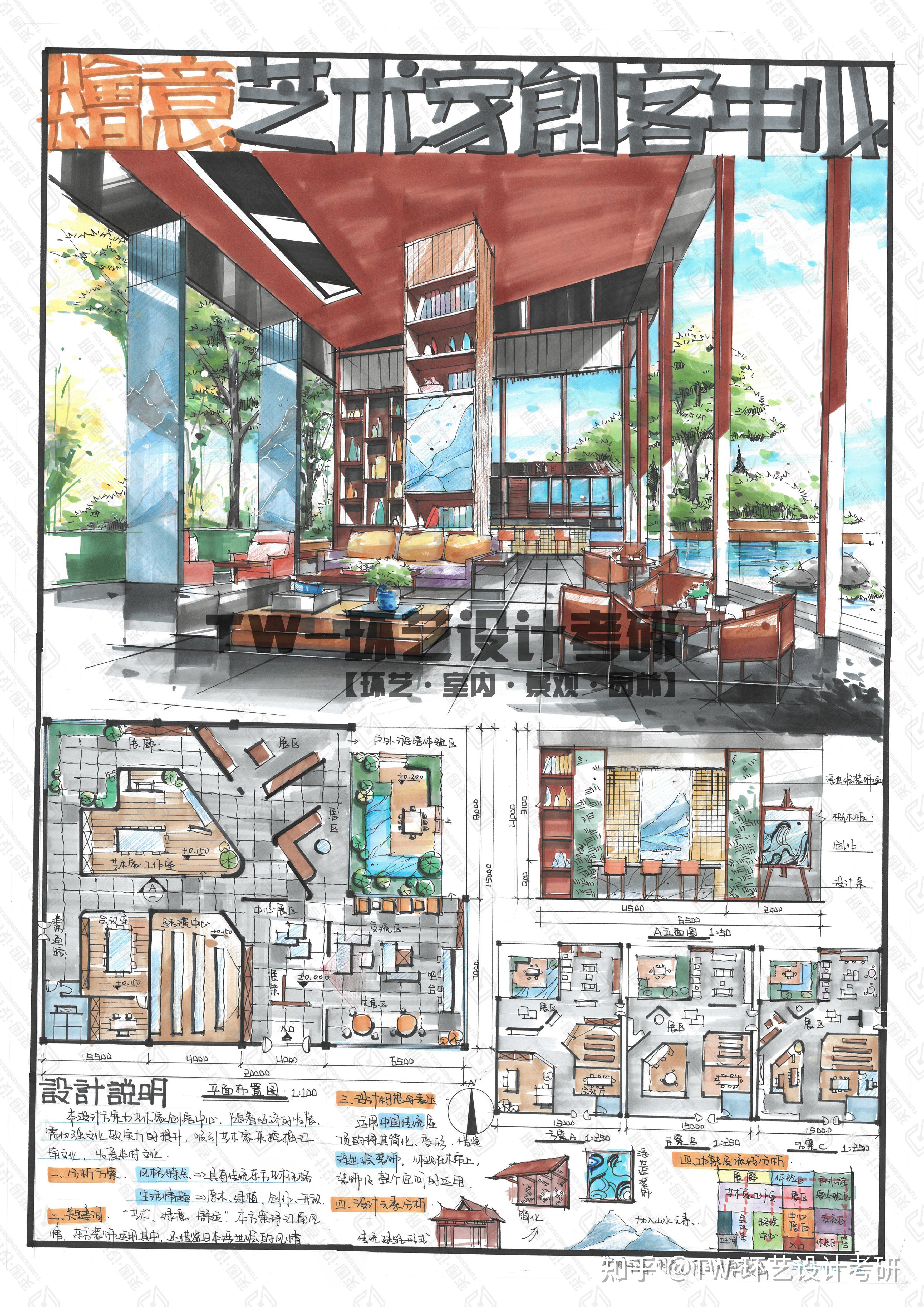 环艺室内考研手绘快题分享艺术家创客中心设计