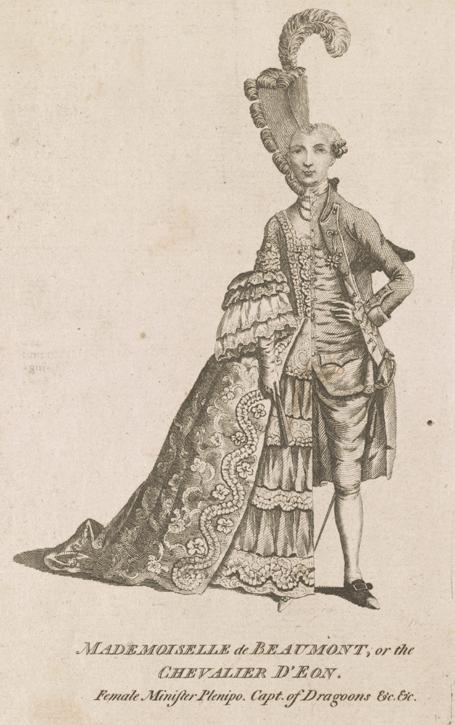 一半是男人,一边戴着假发,一边穿着女士连衣裙,另一边则是男士龙骑兵