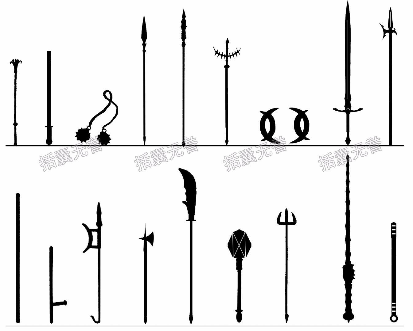 枪,剑,戟,斧,钺,钩,叉,镗,棍,槊,棒,鞭,锏,锤,抓,拐子,流星",图解如下