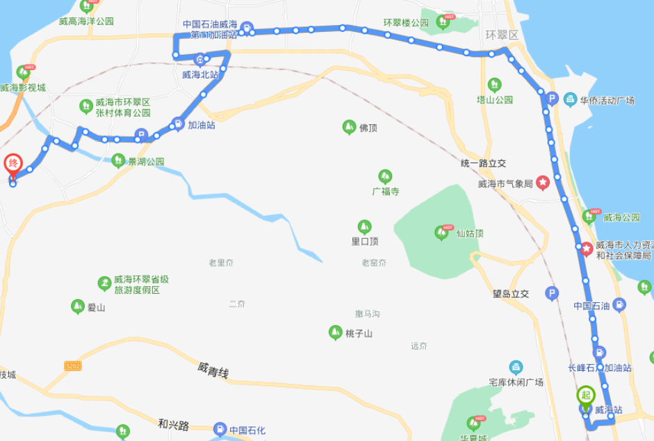 山东威海火车站44路公交车路线:06:35-17:45:威海站→华夏路→汽车站