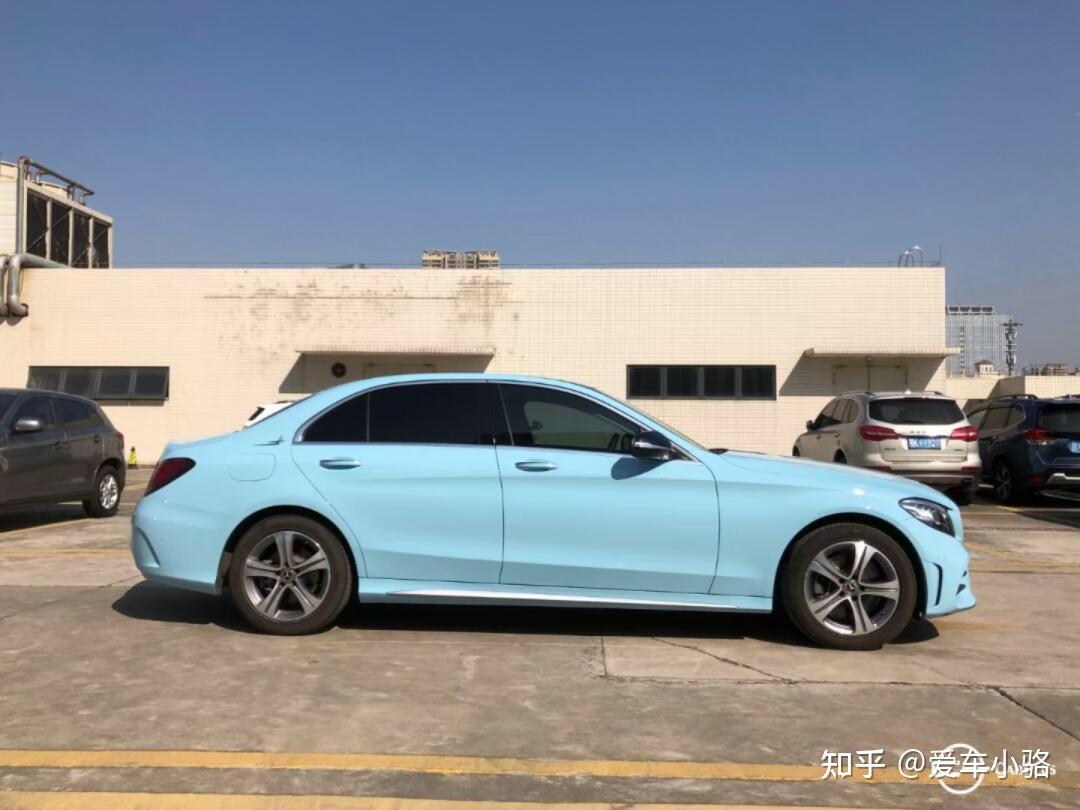 杭州奔驰c系车身改色贴膜漆面海风蓝改色膜施工效果