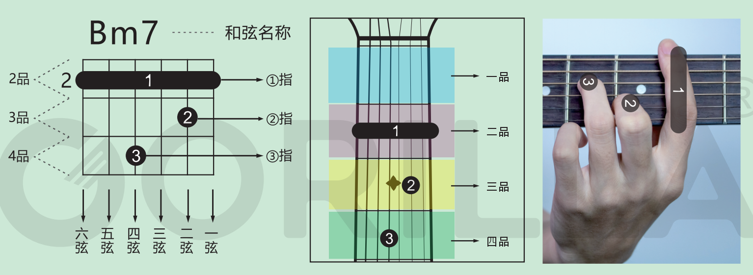 认识bm7和弦左手1指(食指)横按在123456弦的2品,2指(中指)按住二弦3品