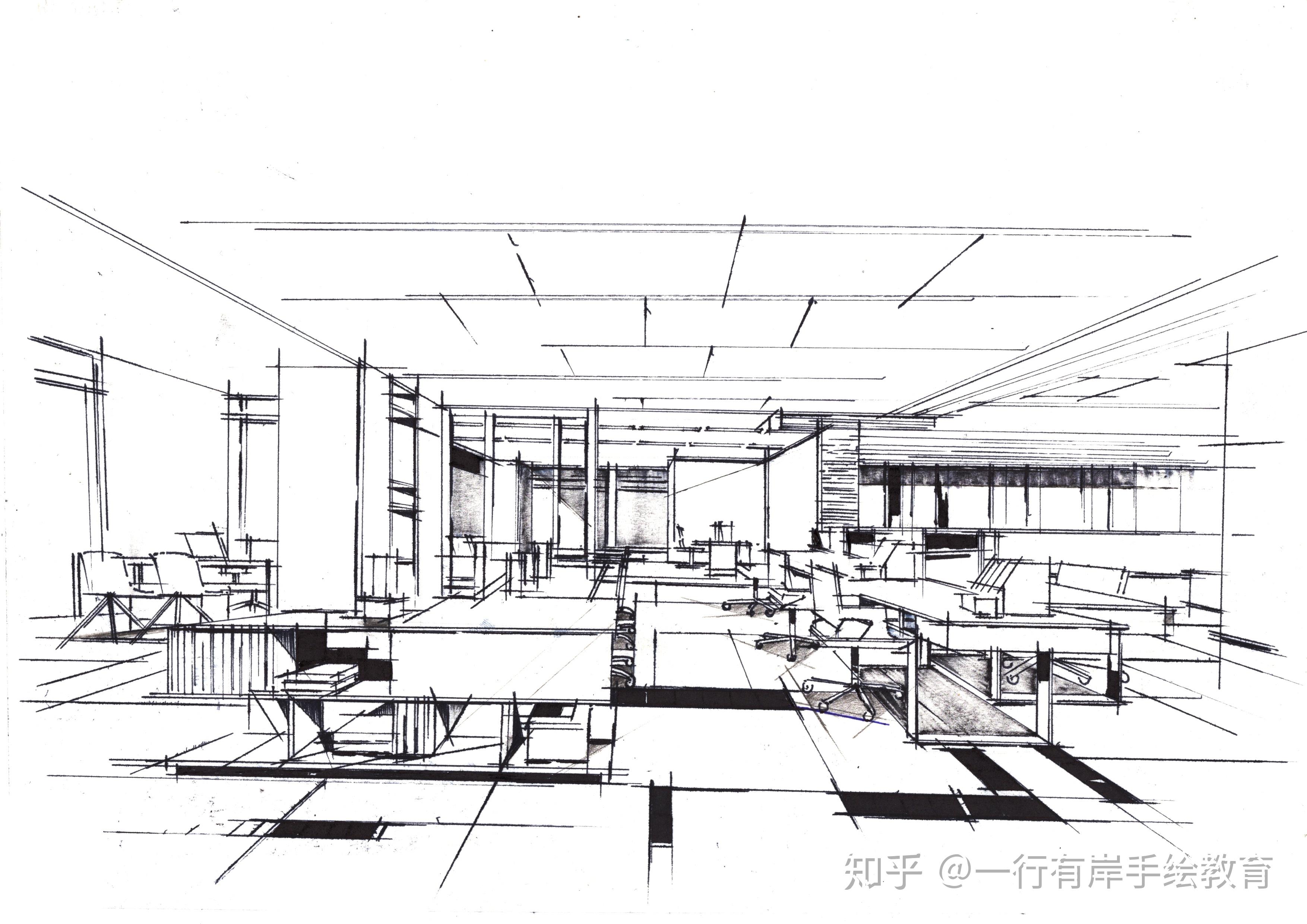 街区办公空间手绘一行有岸室内设计手绘表现