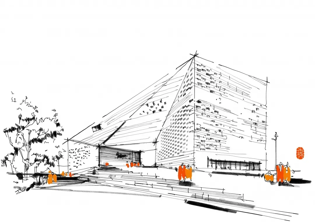 总结鸟瞰图表达本案例是公共展示,文化类建筑.