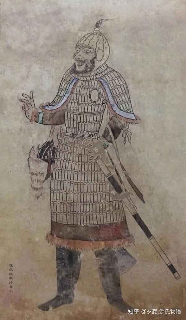 壁画 唐贞观十七年 身着铁青色扎甲,携带横刀,长弓,箭靫的唐军武士