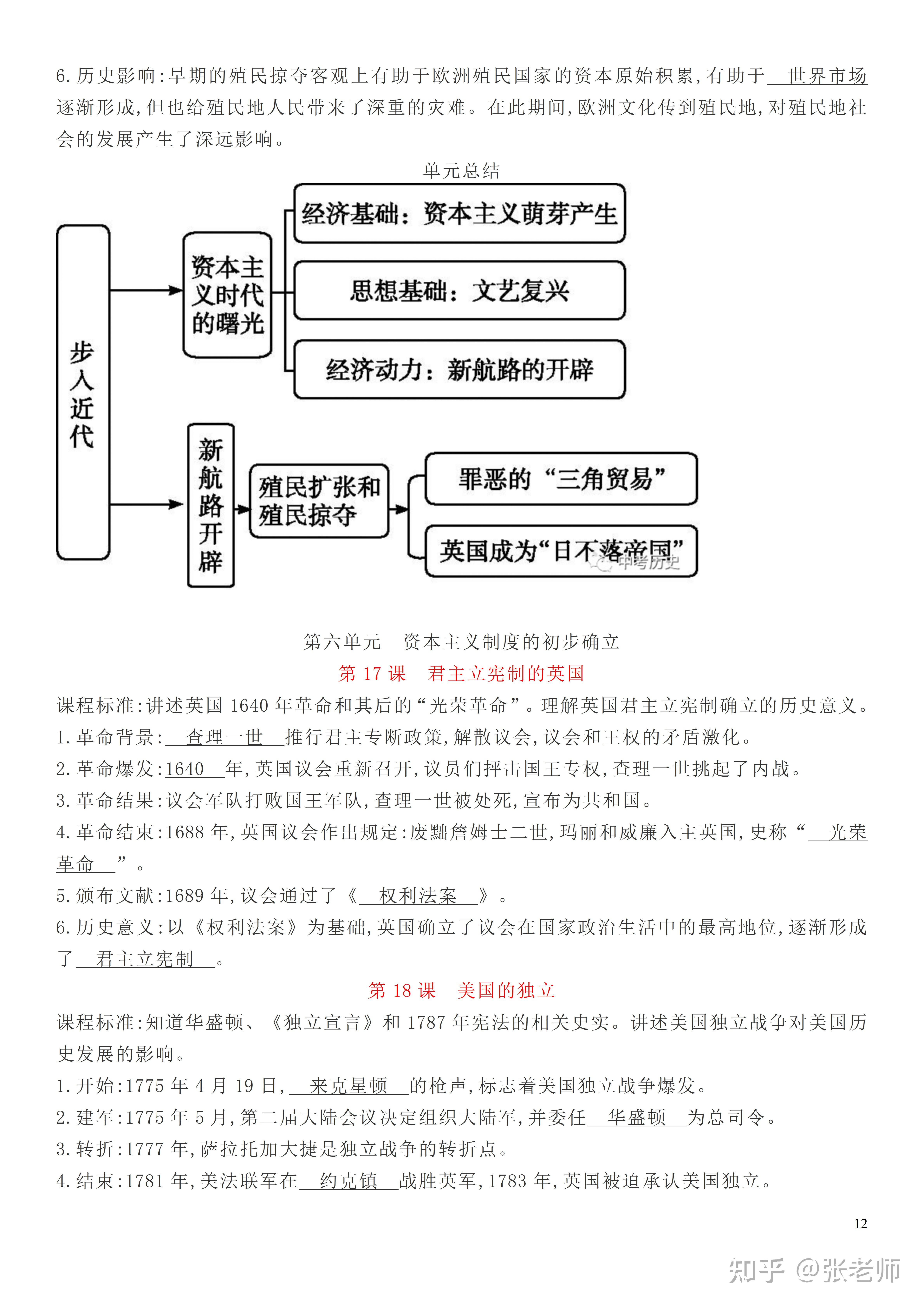 初中历史 部编版初三九年级上册历史知识提纲