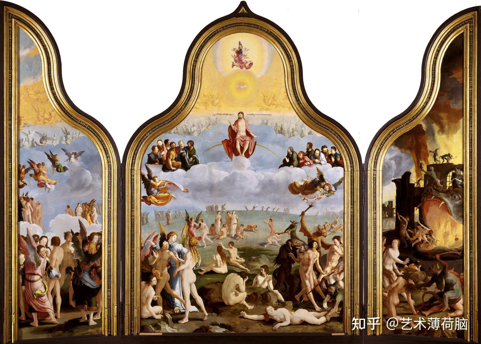 文艺复兴时期中世纪时期绘画作品中往往是耶稣基督作为审判者,抬起