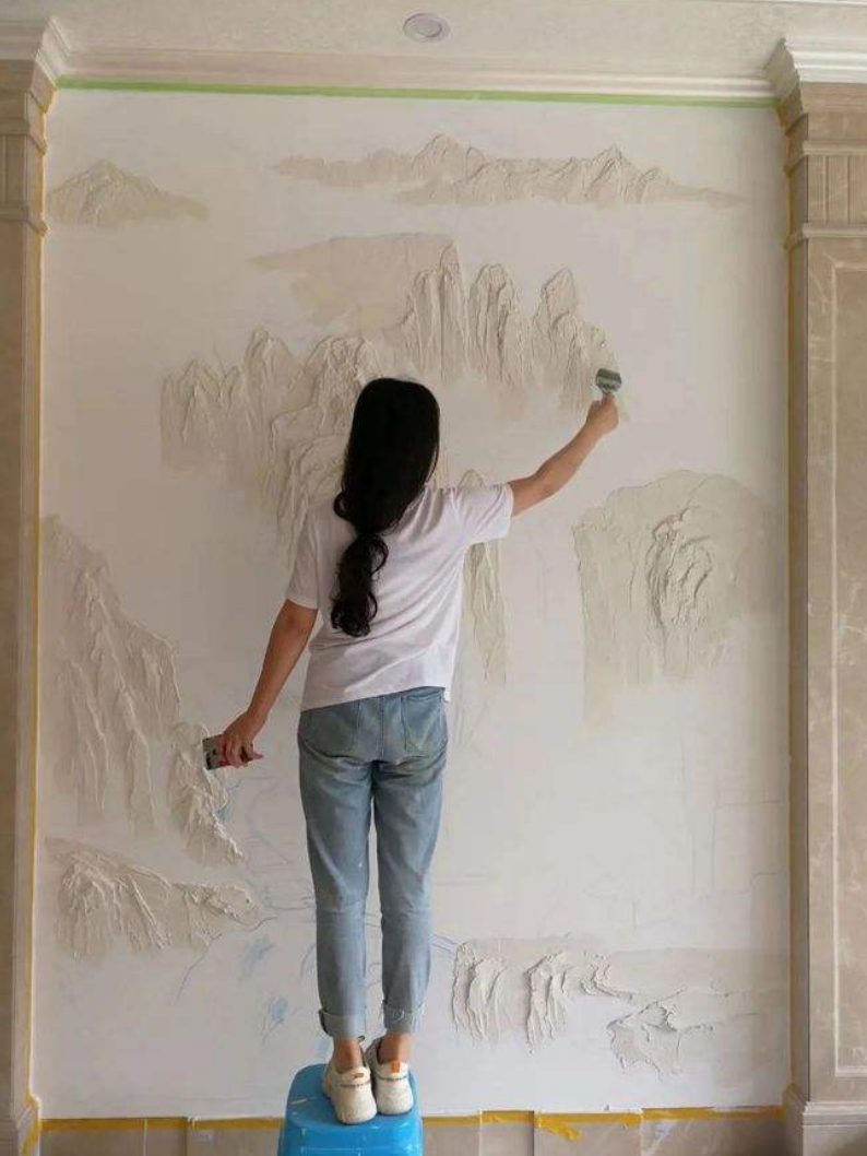 美曰其名浮雕山水画,最近因为抖音流行刮腻子的山水画墙绘,7