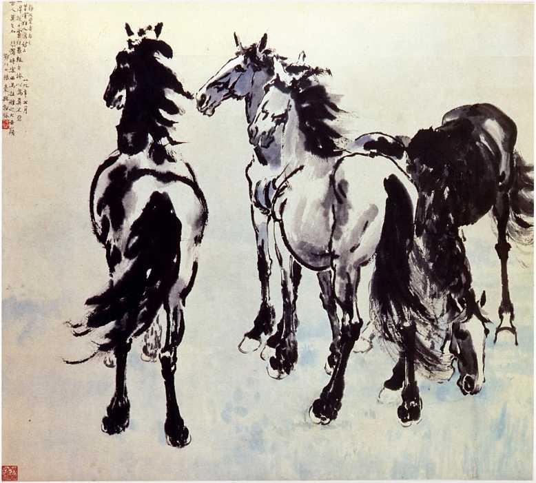 中国 徐悲鴻 水墨画 馬 掛軸 希少品 徐悲鴻「馬の図」 紙本 水墨 肉筆 印