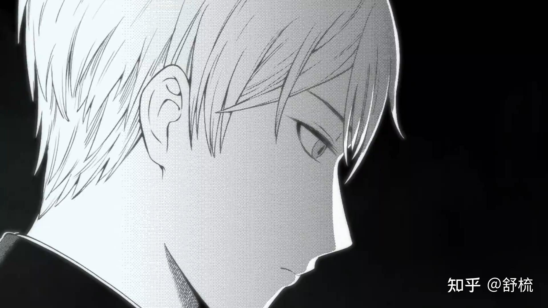 镜头3:灰白画面下白银的特写由左到右镜头2:两个辉夜的身影短暂交织在