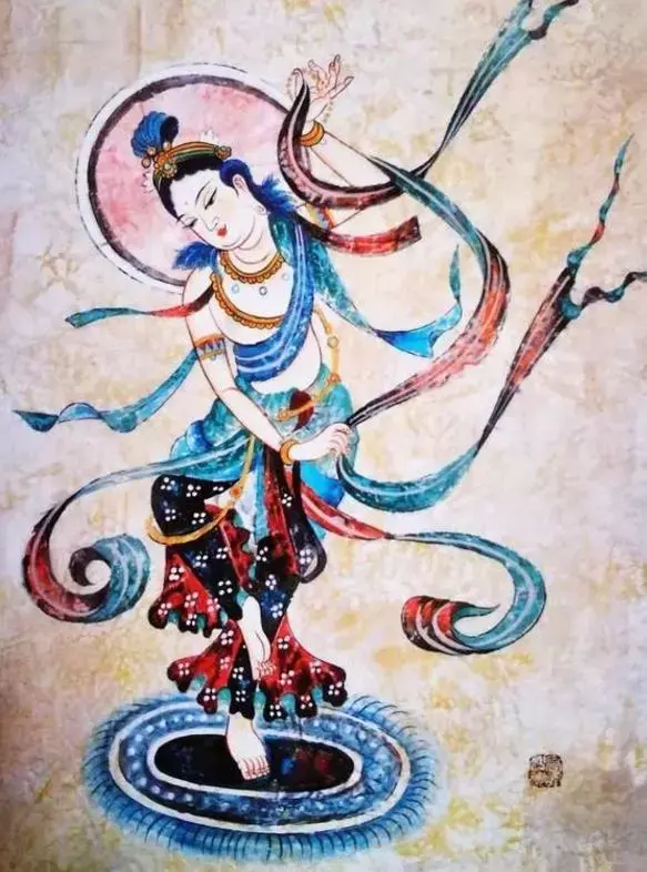 (敦煌壁画胡旋舞临摹)唐代还流行低胸装.我们看这样的乐女和仕女.