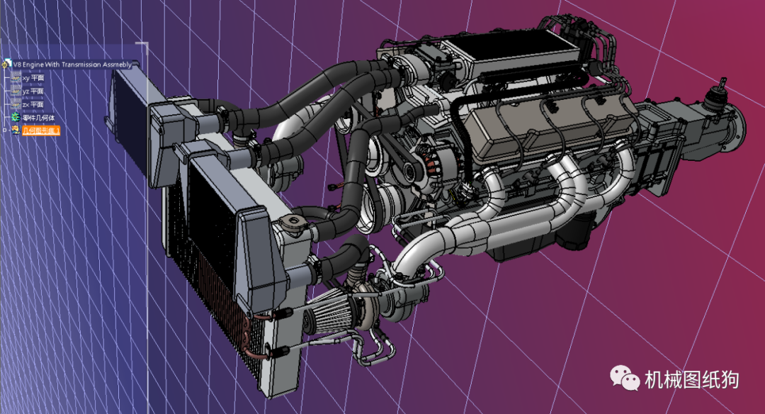 【发动机电机】带变速器的v8发动机3d数模图纸 igs格式
