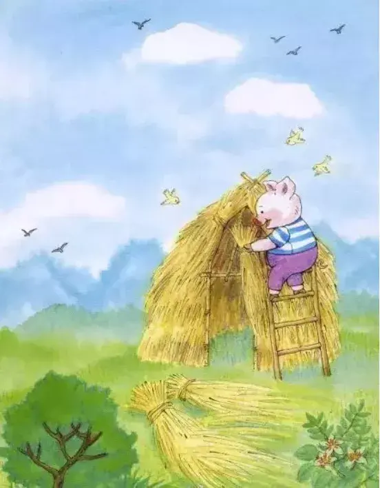 便给了他一些稻草,小猪三下五除二的就搭好了一间摇摇晃晃的稻草屋