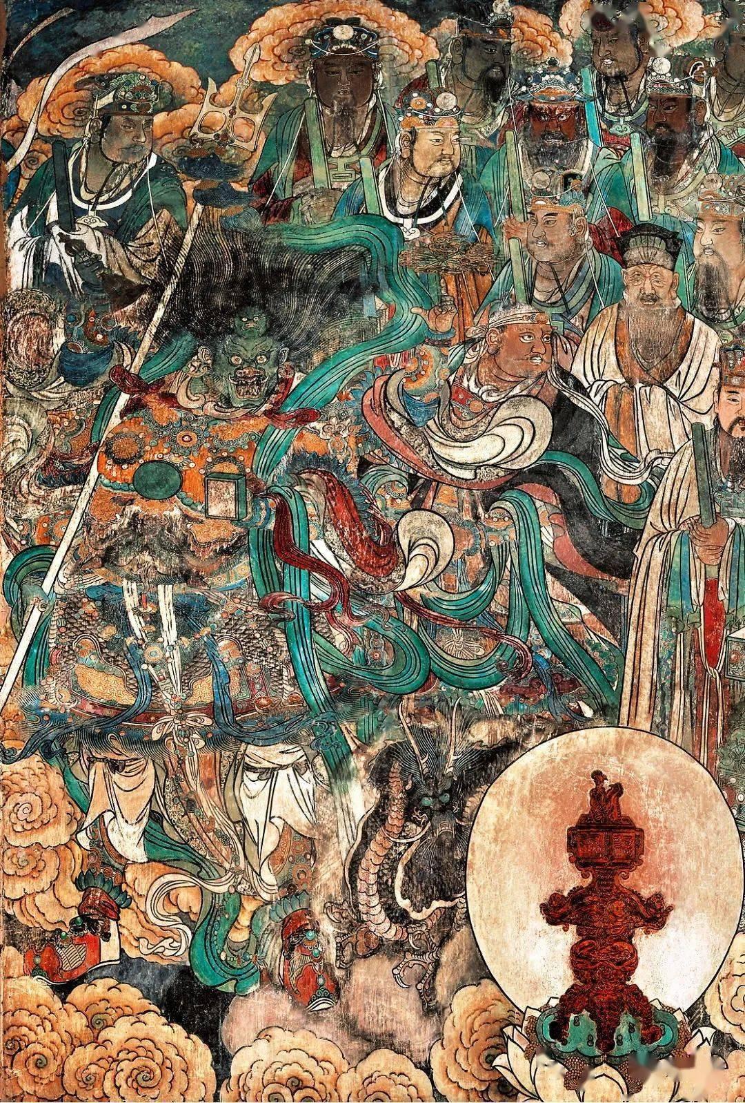山西永乐宫三清殿-元代壁画《朝元图》:290位神仙,浩荡朝拜道祖,满壁