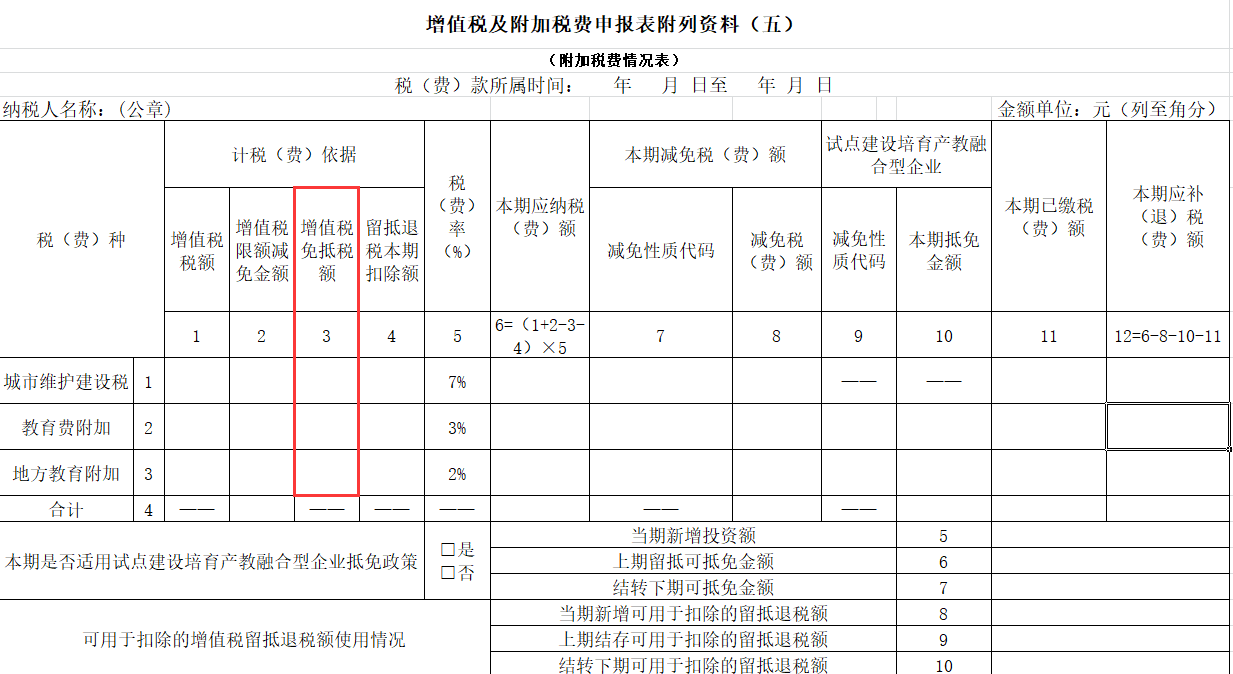 简并后增值税附加税申报表大改革实例操作四一般纳税人附表五增值税免