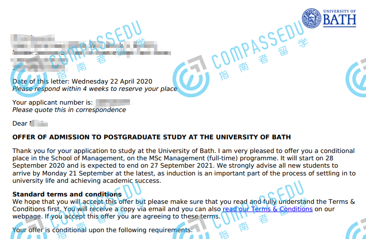 巴斯大学管理理学硕士研究生offer一枚