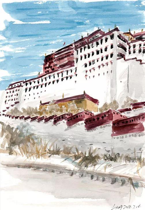 仰望中的布达拉宫藏族建筑十分有特色,色彩斑斓,早上9点多的阳光就