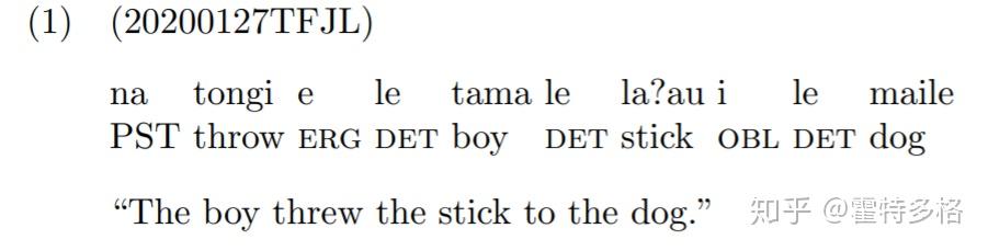 萨摩亚语是一种vso语序的作格语言(ergative-absolutive language)