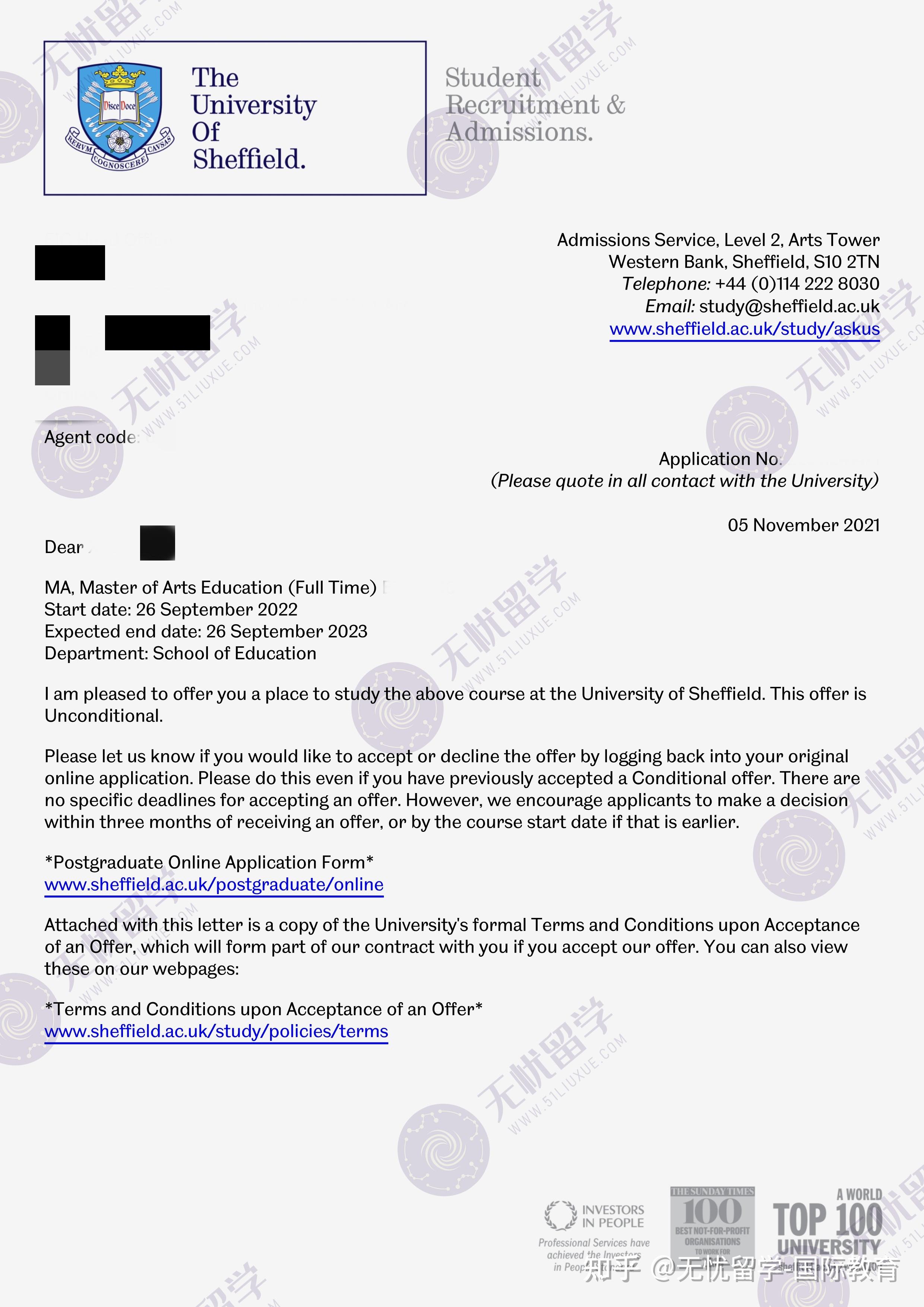 分享恭喜无忧留学y同学获得英国名校谢菲尔德大学的硕士录取offer