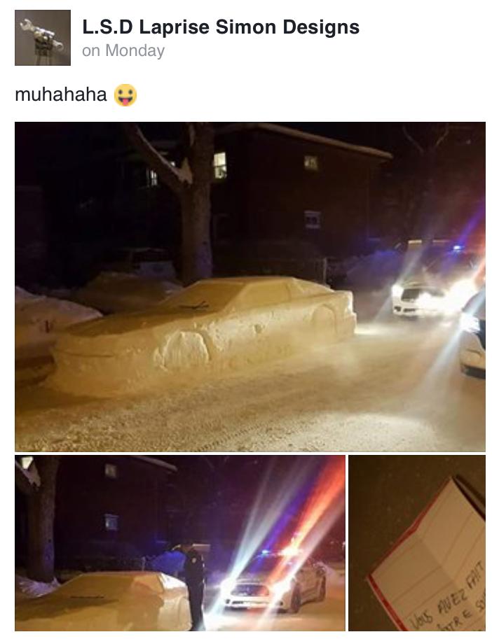加拿大一哥们用雪堆了一辆车…成功召来了以为这是违法停车的警察