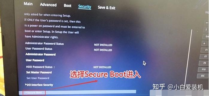 按鍵盤方向鍵右鍵切換到security選項,進入安全啟動模式,將secure