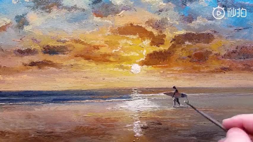 油画风景透蓝的天空—刮刀技法