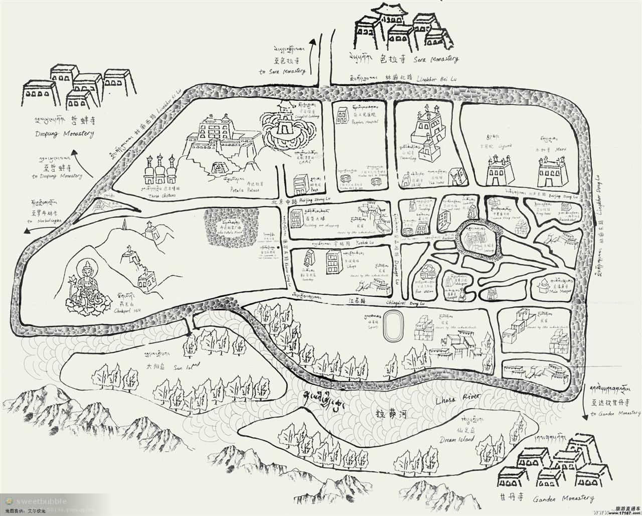 图为手绘拉萨旅行地图——在寺庙内要脱帽——忌触摸别人头顶(除非你