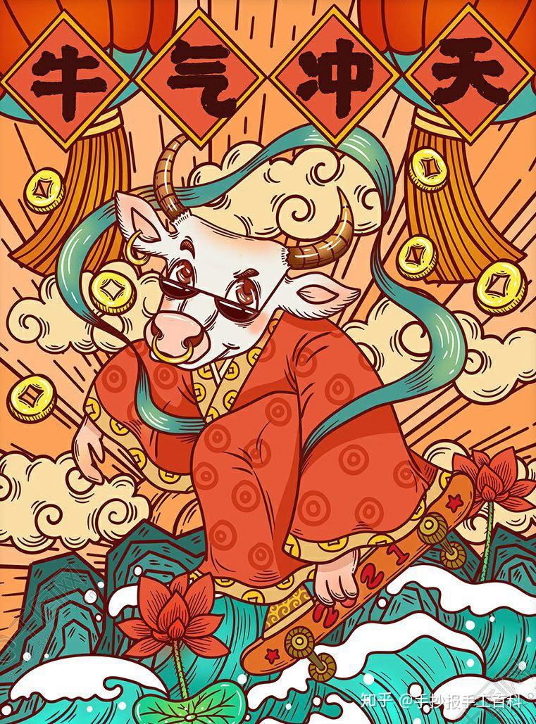 元旦春节儿童画海报插画素材潮牛来袭