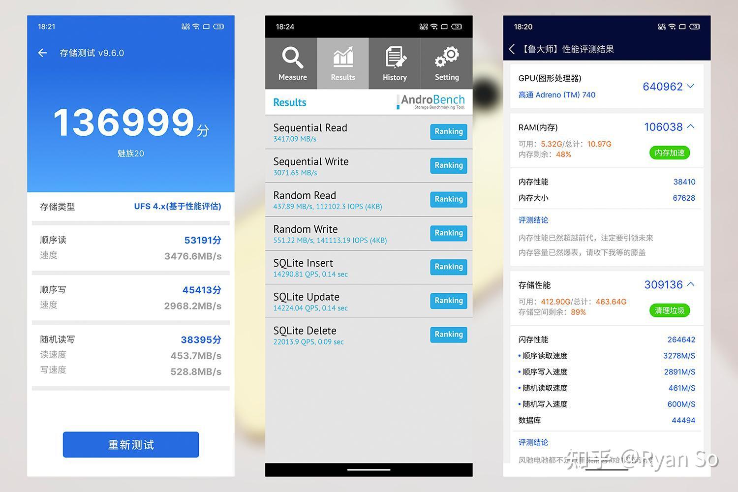 存储性能测试,安兔兔的跑分总成绩为13699分,连续读取速度为3476mb/s
