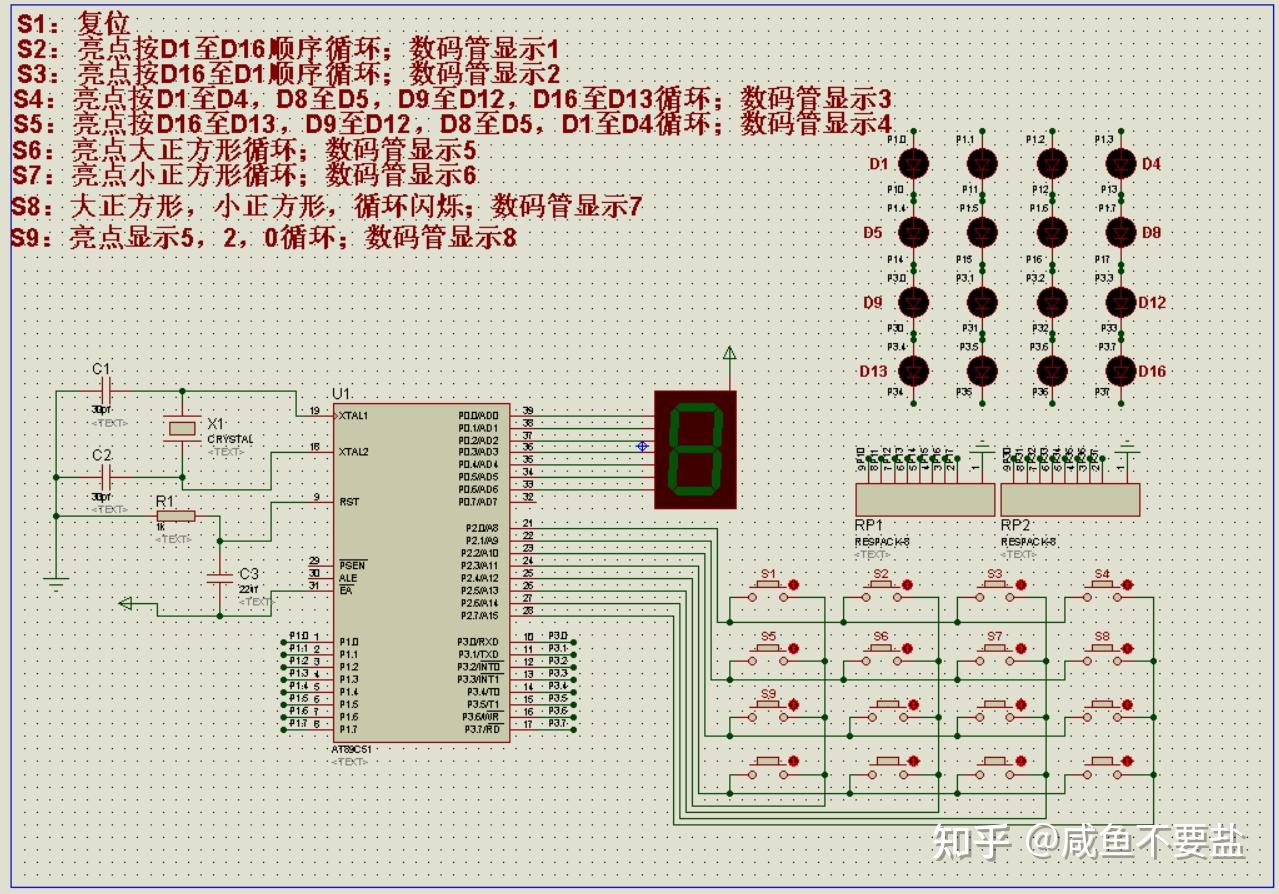 51单片机矩形按键控制16个led灯亮灭和数码管显示?