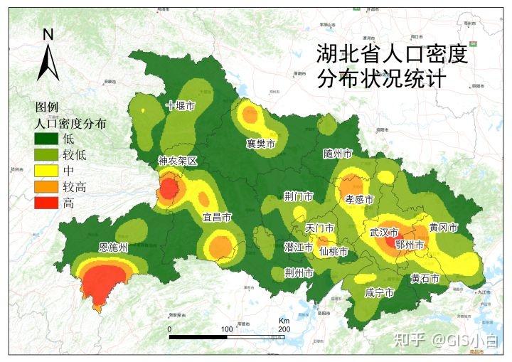 人口密度分布状况统计——以湖北省为例:这里所使用的为湖北省的省,市