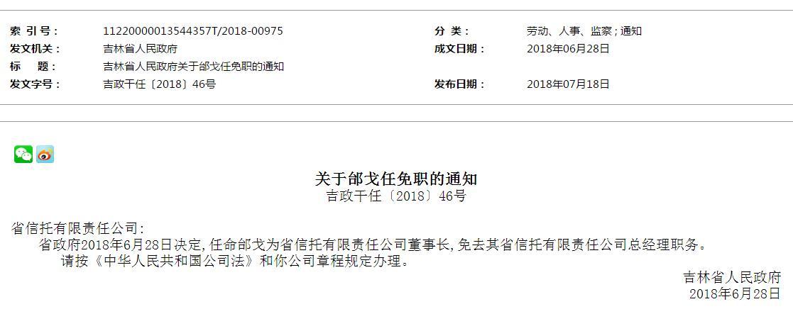 吉林信托又一董事长落马邰戈在任仅两年零三个月