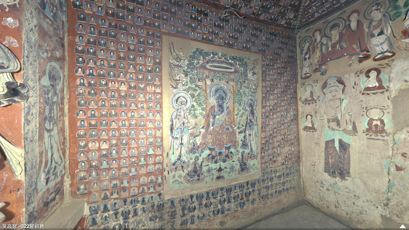 神游千年大美敦煌初唐322窟西龛彩塑配壁画飞天热烈南北壁千佛簇拥