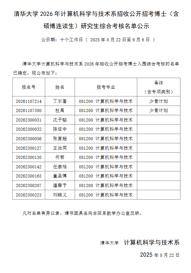 清华大学2026年计算机科学与技术系招收公开招考博士(含硕博连读生)研究生综合考核名单公示 - 知乎