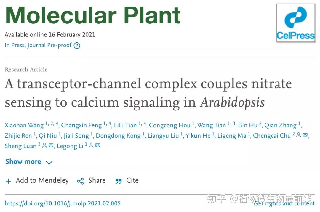 李乐攻/储成才/栾升团队揭示植物硝酸盐营养触发的钙信号编码分子开关 - 知乎