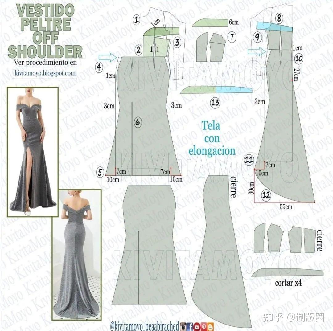 俊美人台小银欧美礼服裙的款式图和裁剪图