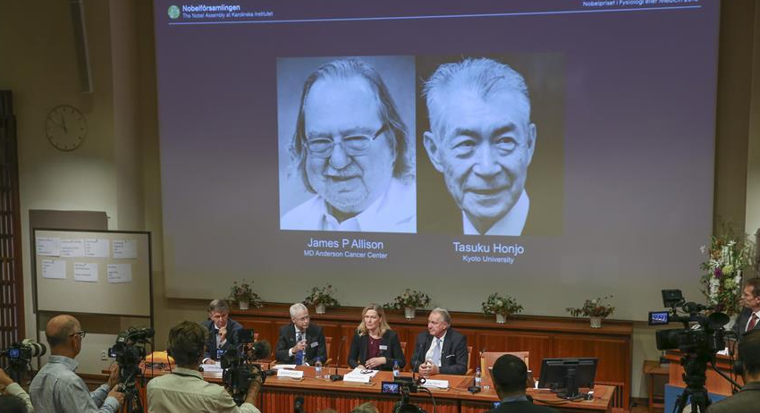 生理学或医学奖授予美国科学家詹姆斯·艾利森和日本科学家本庶佑,以