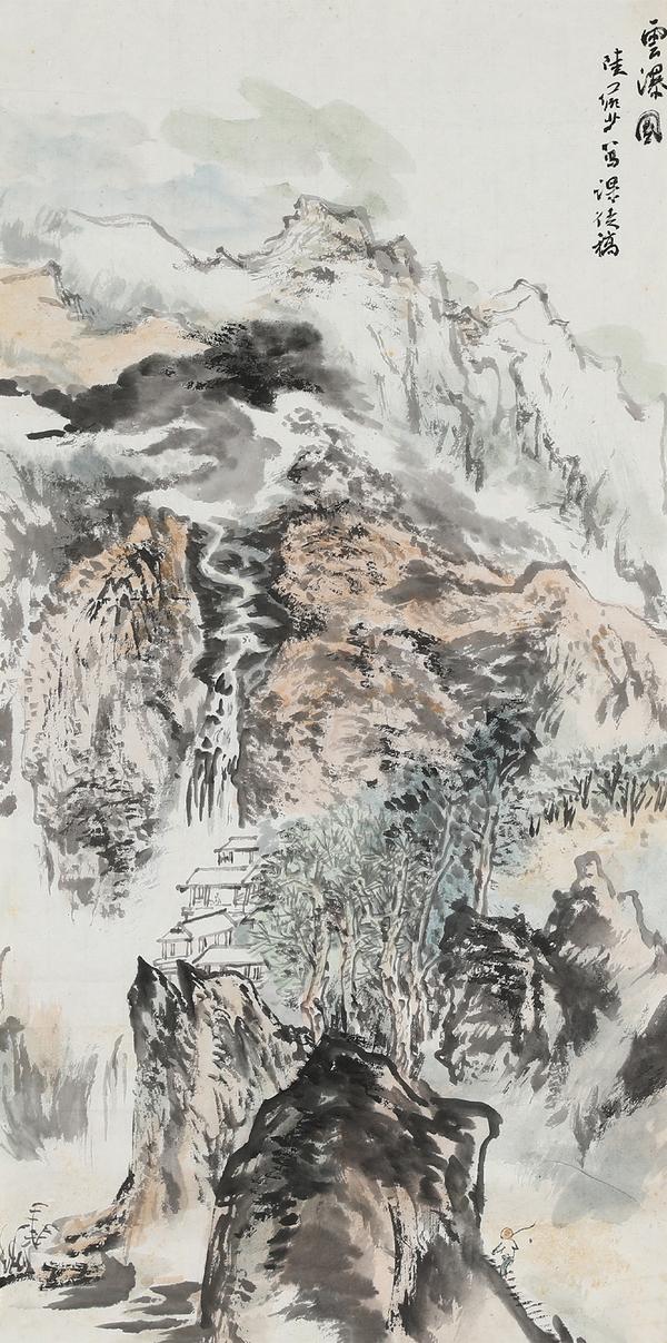 陸儼少畫 山水図鏡片」近代画家 肉筆紙本 真作【仁】掛け軸 書画立軸