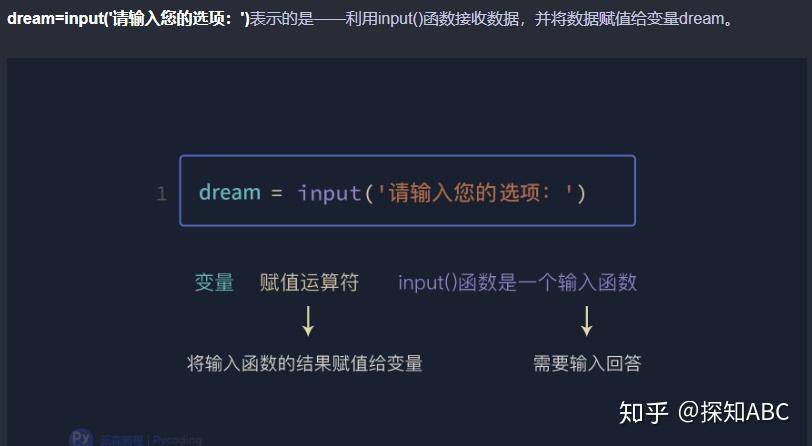 dream=input(請輸入您的選項:) #變量賦值 if dream ==a: #條件