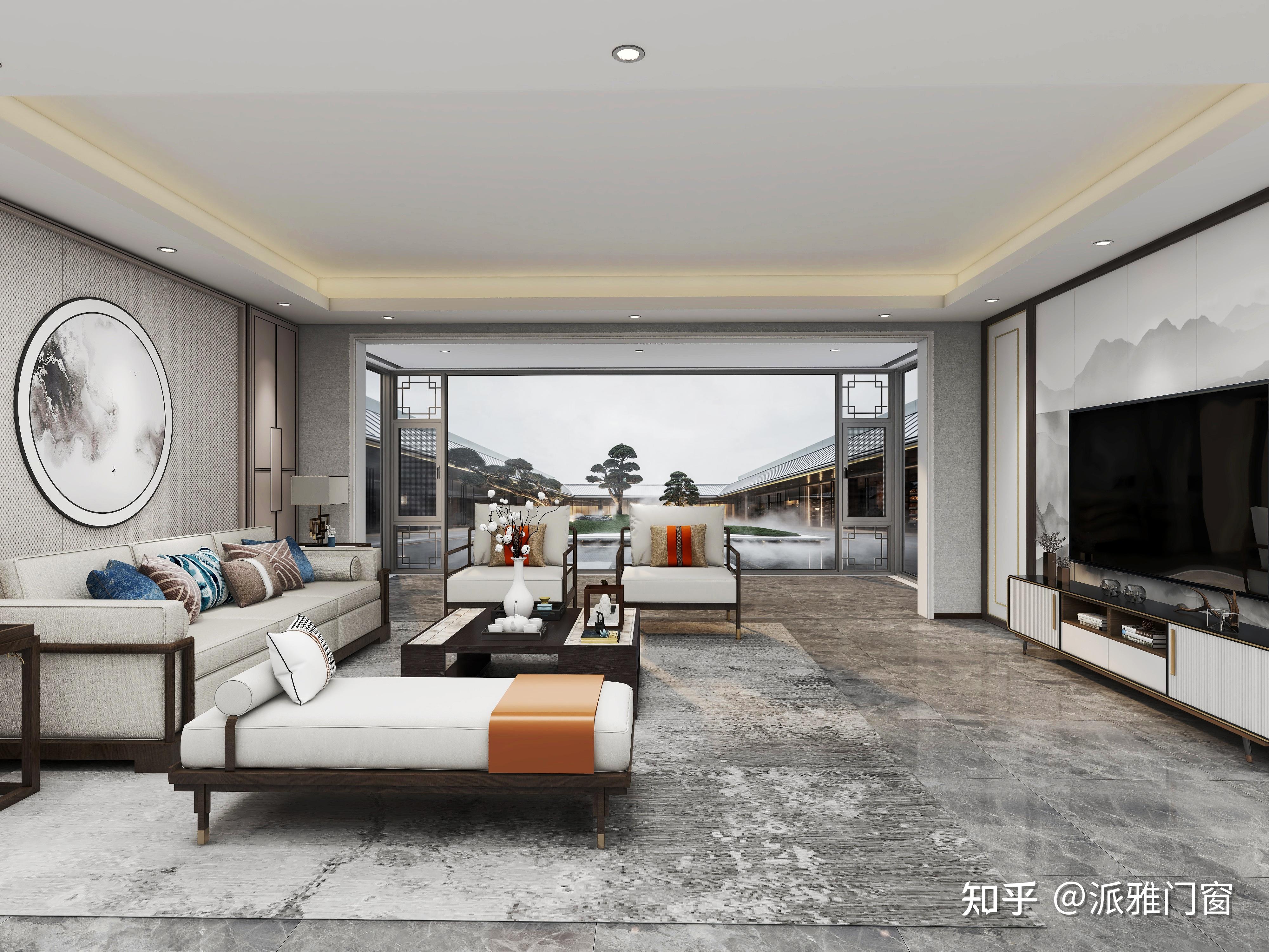 山水画,布艺墙,木质桌……客厅古韵藏不住,一扇中式落地窗更是将旷达