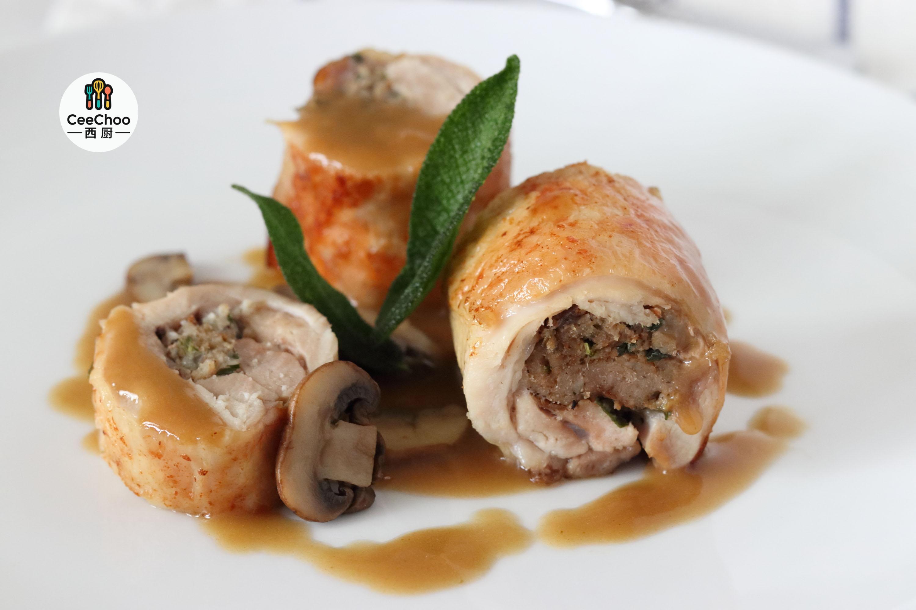 这不是一道简单的鸡肉卷而是一道将法式肉卷(ballotine)和玛莎拉鸡肉