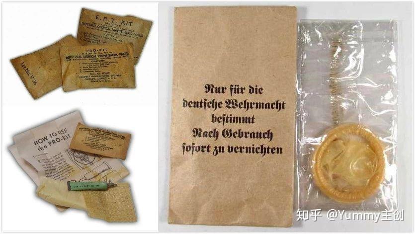 避孕套,浸过皂液的擦拭纸和一管含30%甘汞,15%磺胺噻唑的药膏,以防