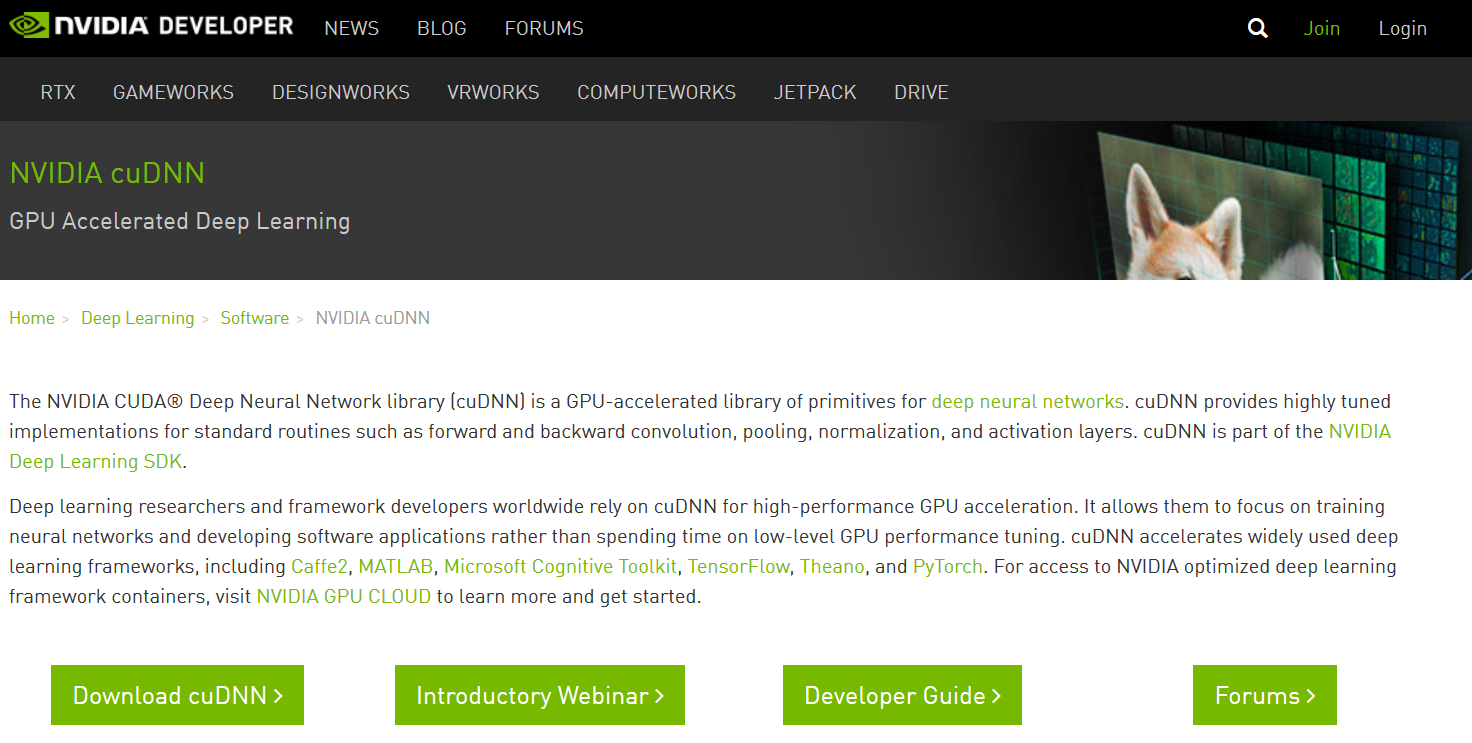 下载 nvidia cudnn：https://developer.nvidia.com/rdp/c