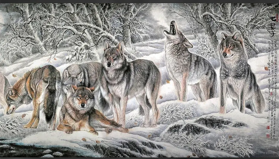 《七君子》这幅七君子描绘雪地森林中,一个由七匹狼组成的狼群聚集在