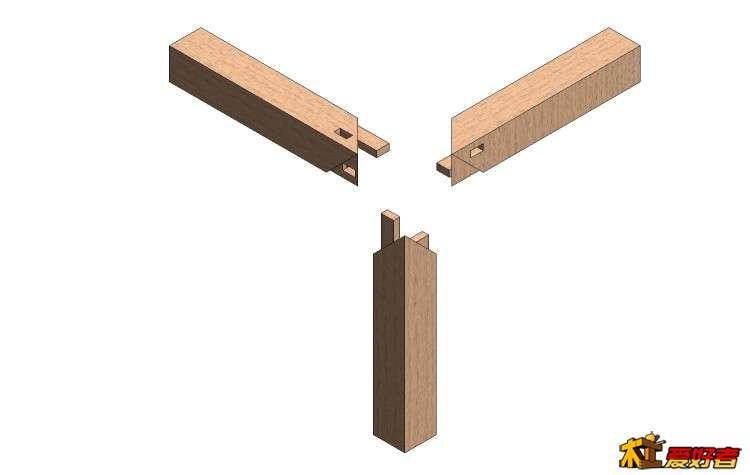 粽角榫在制作时三根木材的榫卯比较集中,为了使榫卯不打架,采用长短
