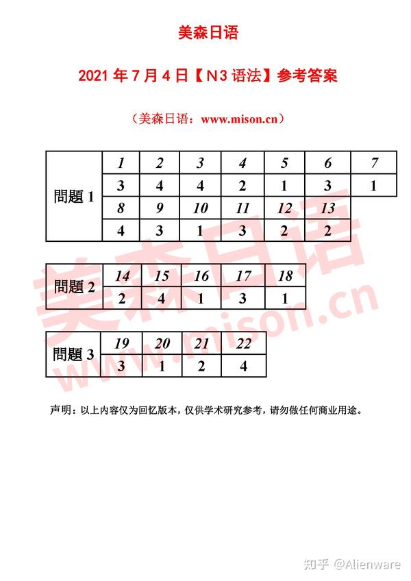 N3 21年7月日语能力考n3答案完整版 知乎