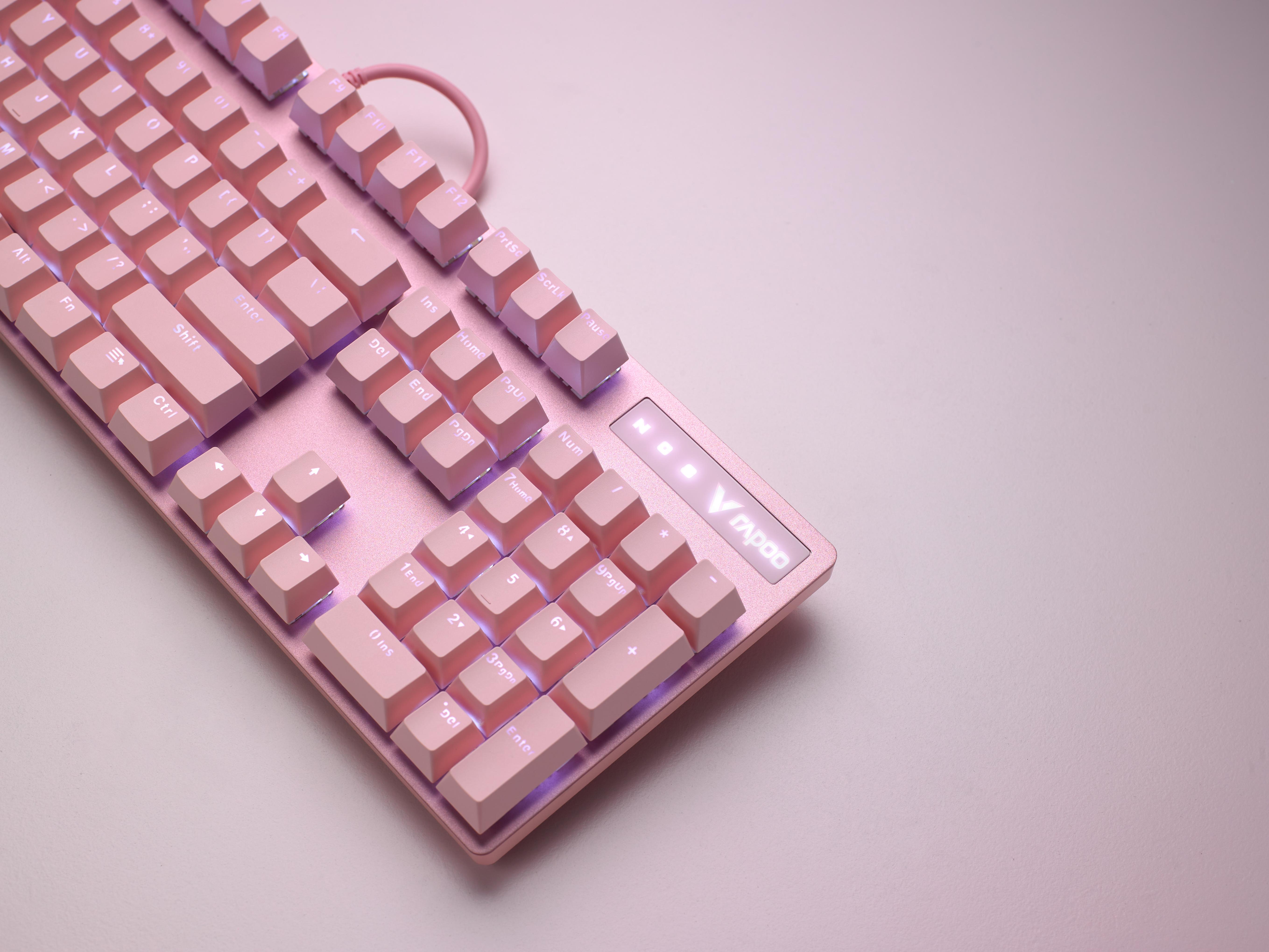 开黑还缺一颗糖雷柏v500pro背光游戏机械键盘冰激凌粉清洌紫双色登场